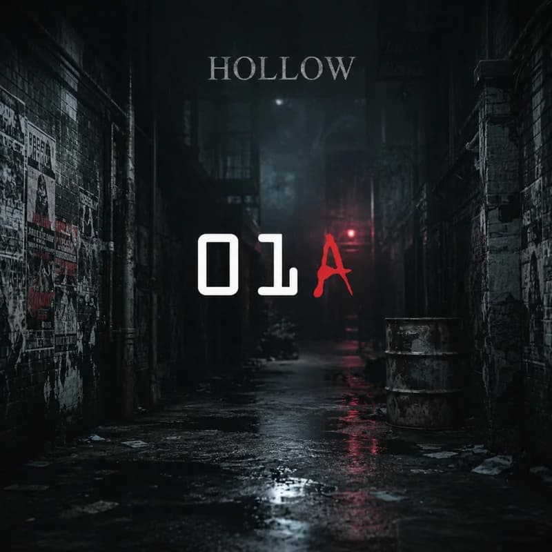 Hollow album artwork: a dark alley under a red light, 01A across the center.