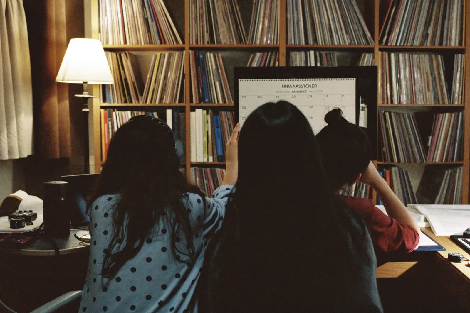 A small label team seen from behind, gathered around a release calendar on a studio office wall.