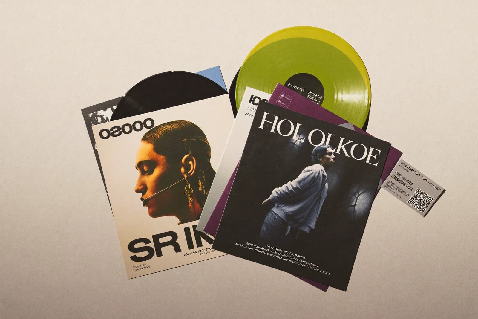 A stack of vinyl records and folded gig posters on warm paper, one lime-green record standing out, a small QR-code card on top.